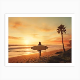 Surfer Girl At Sunset.Surf's Up: A Woman's Beachside Stand with Her Board. Wave Warrior: A Surfboard Woman at the Beach. Art Print