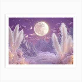 Dreamy 3d Surrealist Art with Soft Lilac Background Elegant Ivory Feathers Celestial Ranges and Luminous Art Print