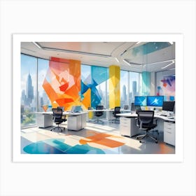 Modern, Bright Office Space With Colorful Geometric Patterns On Windows Overlooking A Cityscape Art Print