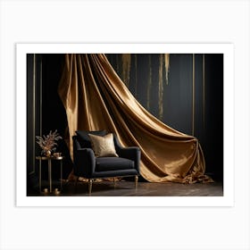 Curving Gold Drapery Cascades Down A Rich Brown Wall The Silken Material Emulating The Fluidity And (6) Art Print