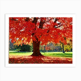 An Autumn Oak Tree Abundantly Lit Branches Spreading Widely Spanning A Slim Sleek Card Leaves Bla (5) Art Print