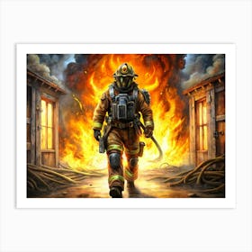 Firefighter In Protective Gear Walking Through Flames Art Print