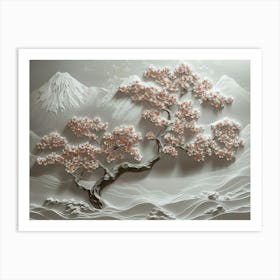 3d Modern Sakura Tree And Mountain Art Print