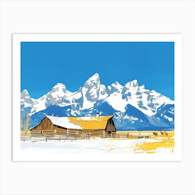 Rustic Barn in Front of Snow Capped Mountains Art Print