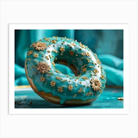 Turquoise Donut Adorned With Intricate Floral Patterns Circled By Gold Trim Captured From A Low An Art Print