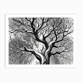 Black And White Illustration Of A Tree With Swirling Branches Art Print