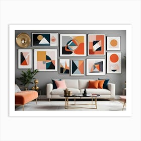 A Modern Living Room Interior With A White Sofa, Orange Armchair, And A Gallery Wall Filled With Abstract Geometric Art, Creating A Stylish And Contemporary Space Art Print