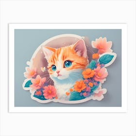 Orange Cat With Flowers Art Print