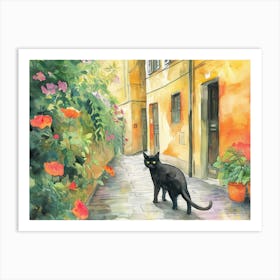 Black Cat In Milano, Italy, Street Art Watercolour Painting 3 Art Print