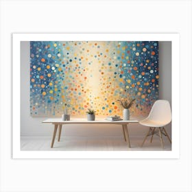 A Modern, Minimalist Interior Features A Large Abstract Painting With Colorful Circles Above A Simple Table And Chair Art Print