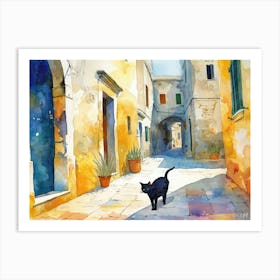 Black Cat In Puglia, Italy, Street Art Watercolour Painting 3 Art Print