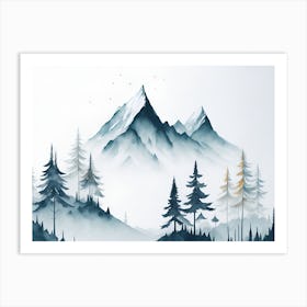 Mountain And Forest In Minimalist Watercolor Horizontal Composition 203 Art Print