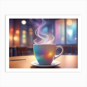 A Steaming Cup Of Coffee In A Blue And Colorful Cup Sits On A Wooden Table Art Print