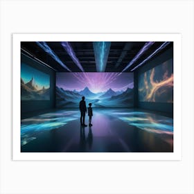 A Father And Child Stand In A Large, Immersive Room Filled With Digital Displays Art Print