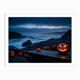 Coastline Celebration Captured At Dusk A Single Jack O Lantern With A Carved Face Glowing Eerily On (3) Art Print