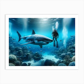 Scuba Diver And Great White Shark 7 Art Print