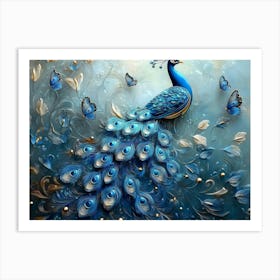 3d Blue Peacock Art with Butterfly 1 Art Print