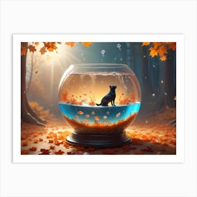 Black Labrador Retriever Sitting Inside A Glass Fishbowl, Surrounded By Autumn Leaves With Jellyfish Floating Around Art Print