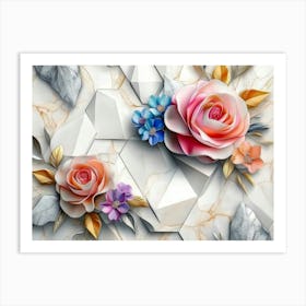 3d Marble Texture Seamless Pattern Geometric Polygon Shape with Bright Color Flowers Art Print