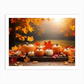 Autumn Themed Table Decoration Scattered Maple Leaves In Warm Shades Intermixed With Small Pumpkin (2) Art Print