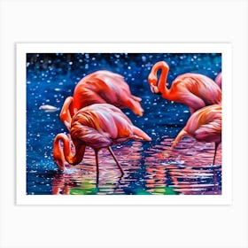 Flamingos in a Tranquil Lagoon. A serene scene of vibrant pink flamingos wading and interacting in a lush, green lagoon surrounded by dense foliage. The water reflects their elegant forms, creating a harmonious connection between nature and wildlife. Art Print