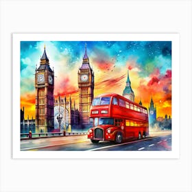 Red Double Decker Bus In Front Of The Houses Of Parliament Art Print