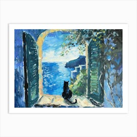 Cat On A Window In Amalfi Blue Matisse Style Art Print