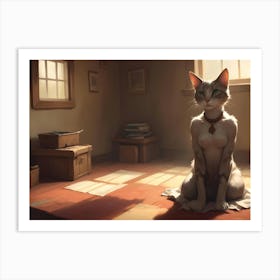 A Grey Cat With Green Eyes Sits On A Rustic Floor In A Cozy Room With A Window And Sunlight, Creating A Peaceful And Serene Atmosphere Art Print