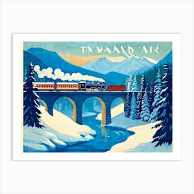 Vintage Travel Poster Illustration Featuring A Steam Train Crossing A Curved Viaduct In A Snowy Vall Art Print