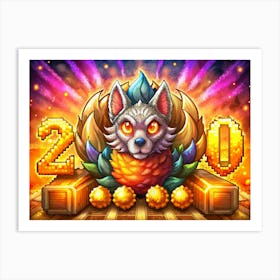 Pixel Art Wolf With Fireworks And Golden Numbers 2020 Art Print