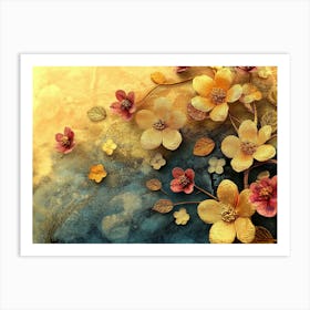 Golden Floral Background, Abstract Vintage Flower Design, Artwork Art, Gold Nature, Floral Design Art Print