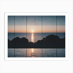 View Of A Sunset Over The Ocean From A Large Window Art Print