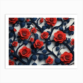 2d Texture of Branches with Red Roses and Leaves Art Print