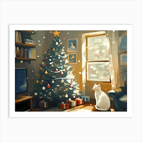 White Cat Ready For Christmas Art Print