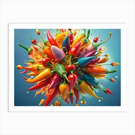 Colorful Chili Peppers Exploding With Colored Paint On A Blue Background 1 Art Print