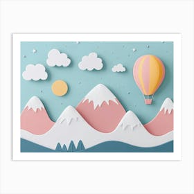 Hand Drawn Childish Art With Mountains, Balloons And Clouds Painting Poster