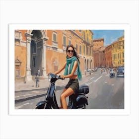 Italian girl riding her scooter wall art poster Art Print