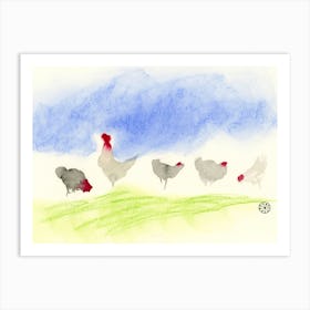 Rooster And Hens watercolor painting farm farmcore birds chicken minimal blue green kitchen Art Print