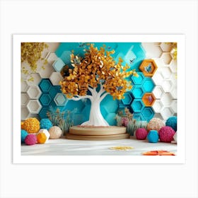 3d Oak Featuring a Whimsical Tree with Hexagons Art Print