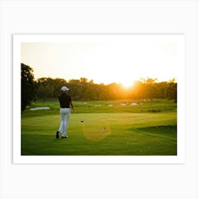 Evening Glow Softly Embracing A Serene Golf Course As A Golfer Swings A White Driver Amidst The Acti Art Print