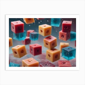 Red, Yellow And Blue Jelly Cubes With Slices Of Fruit Suspended Inside Art Print