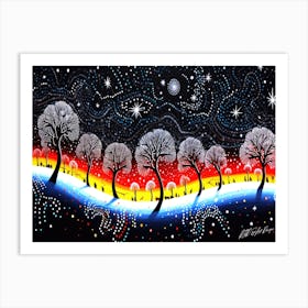 Snow Christmas Scene - Trees In The Night Sky Art Print