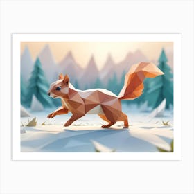 Low Poly 3d Render Of A Squirrel In A Snowy Winter Landscape Art Print