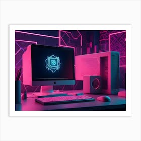 A 3d Rendered Image Of A Modern, Minimalist Workspace With A Computer Setup Bathed In Pink And Blue Neon Lights Art Print