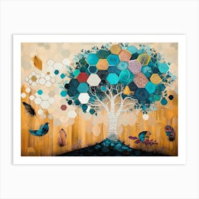 Turquoise Tree And White Lattice On Oak, With Multicolored Hexagons And Feather Accents 1 Art Print