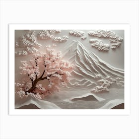 3d Sakura Tree and Mountain Landscape Art Print