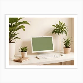 Minimalist Workspace With A White Desk, A Computer, A Keyboard, A Mouse, And Potted Plants Art Print