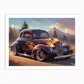 Old Car With Flames 1 Art Print