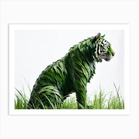 Green Hued Royal Bengal Tiger Composed Of Meticulously Cut Grass Stark Against A White Background Art Print