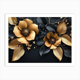 Gold Flowers On Black Background 5 Art Print